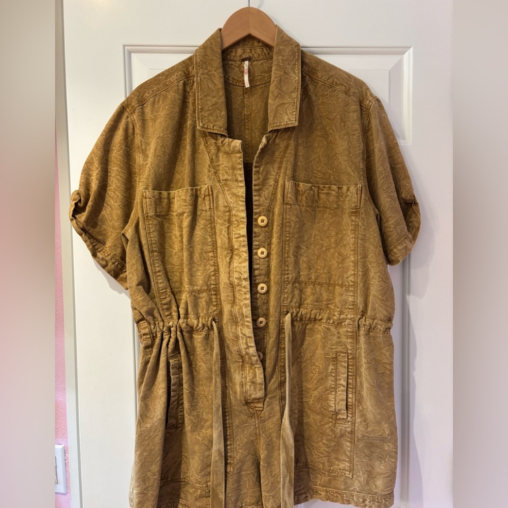 Free People Tan Button-Front Jumpsuit